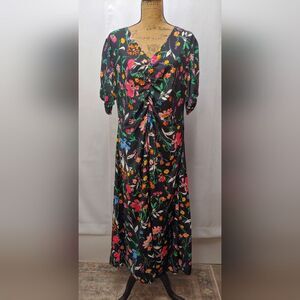 A New Day Short Sleeve Ruched Floral Print Maxi Dress Sz XL Black Multicolor